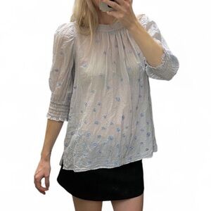 Ne Quittez Pas Light Blue Embroidered Babydoll Top